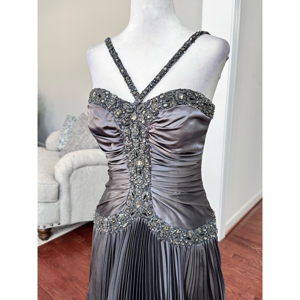 Vintage 2000s Atehier Alyce Grey Pleated Embellished Luxury Gown Dress Size 2 - Picture 4 of 12
